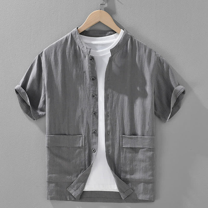 Buddha Stones Summer Casual Mandarin Collar Button-Up Solid Men's Short Sleeve Shirts With Pockets - SlateGray - US/UK/AU42，EU52 (3XL) - image 2
