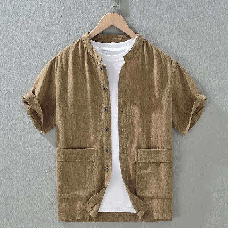 Buddha Stones Summer Casual Mandarin Collar Button-Up Solid Men's Short Sleeve Shirts With Pockets - BurlyWood - US/UK/AU42，EU52 (3XL) - image 1