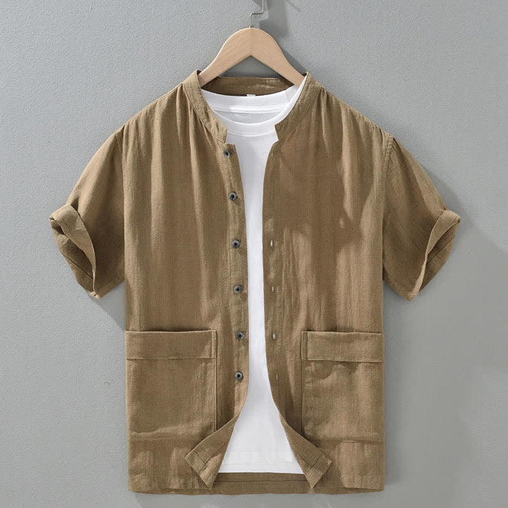 Buddha Stones Summer Casual Mandarin Collar Button-Up Solid Men's Short Sleeve Shirts With Pockets - BurlyWood - US/UK/AU42，EU52 (3XL) - image 1