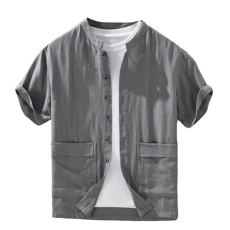 Buddha Stones Summer Casual Mandarin Collar Button-Up Solid Men's Short Sleeve Shirts With Pockets - image 4