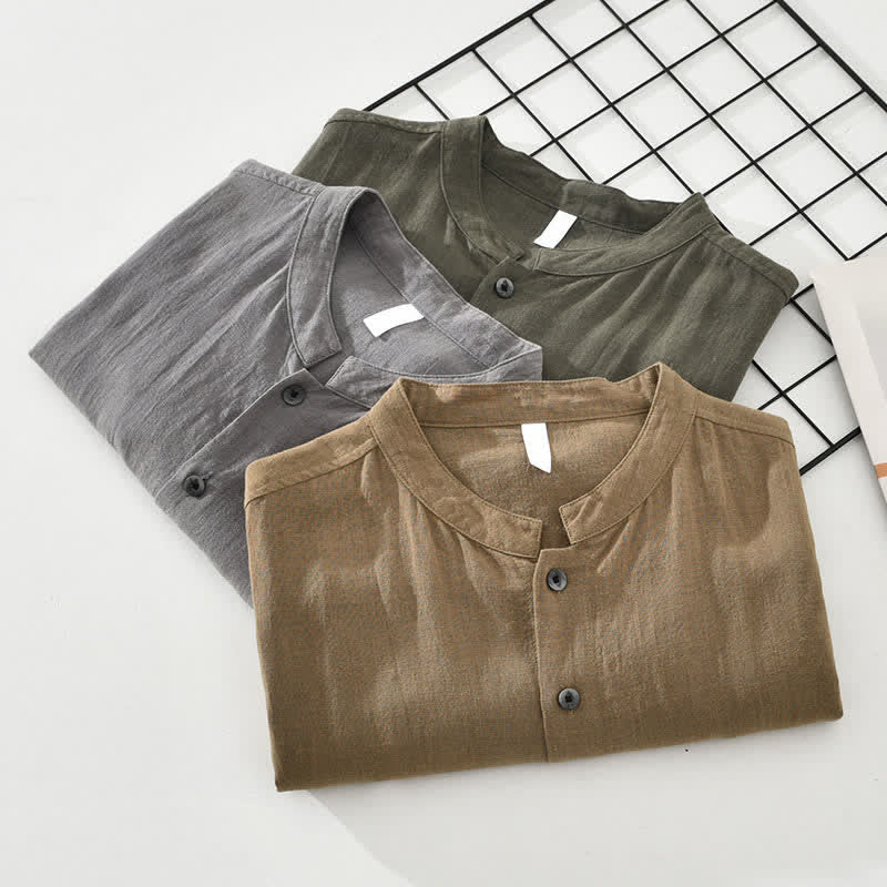 Buddha Stones Summer Casual Mandarin Collar Button-Up Solid Men's Short Sleeve Shirts With Pockets - image 14