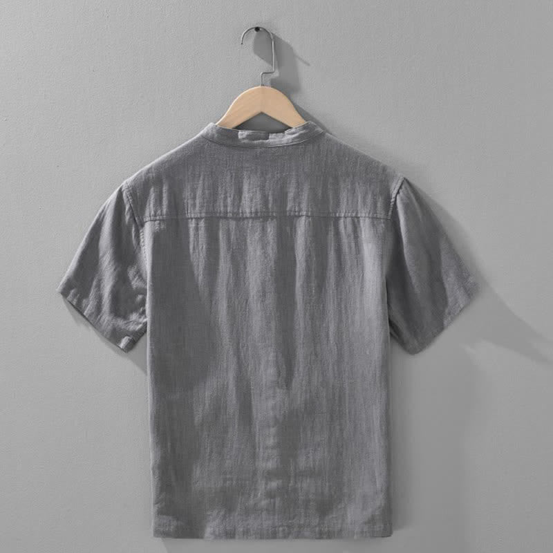 Buddha Stones Summer Casual Mandarin Collar Button-Up Solid Men's Short Sleeve Shirts With Pockets - image 3