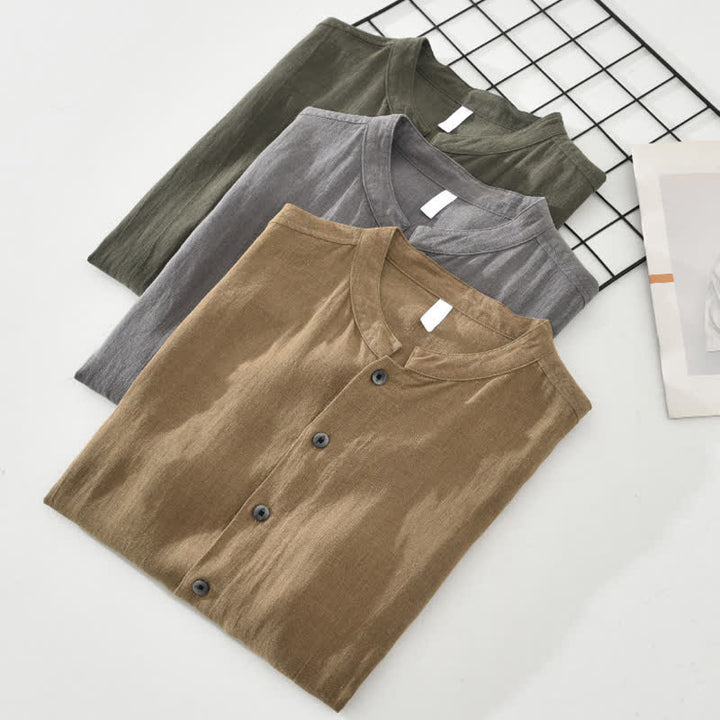 Buddha Stones Summer Casual Mandarin Collar Button-Up Solid Men's Short Sleeve Shirts With Pockets - image 13
