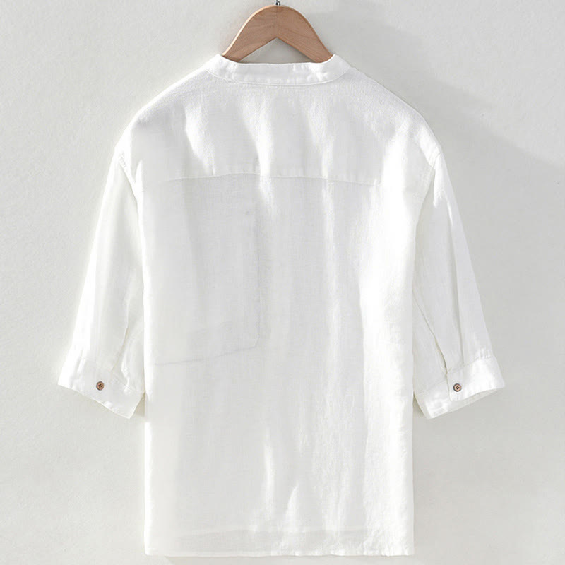 Buddha Stones Summer Casual Tang Style Mandarin Collar Solid Linen Men's Short Sleeve Shirts With Patch Pocket - image 14
