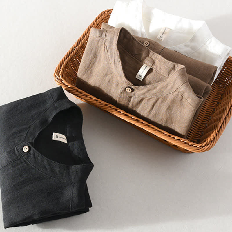 Buddha Stones Summer Casual Tang Style Mandarin Collar Solid Linen Men's Short Sleeve Shirts With Patch Pocket - image 22