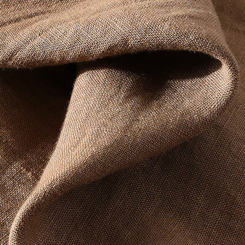 Buddha Stones Summer Casual Tang Style Mandarin Collar Solid Linen Men's Short Sleeve Shirts With Patch Pocket - image 7
