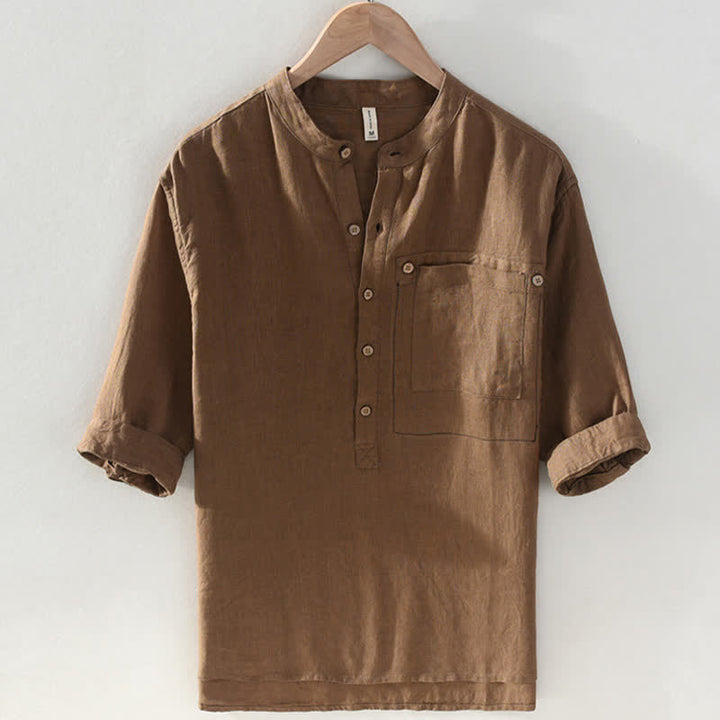 Buddha Stones Summer Casual Tang Style Mandarin Collar Solid Linen Men's Short Sleeve Shirts With Patch Pocket - Sienna - US/UK/AU42，EU52 (3XL) - image 0