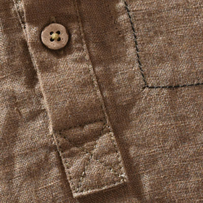 Buddha Stones Summer Casual Tang Style Mandarin Collar Solid Linen Men's Short Sleeve Shirts With Patch Pocket - image 5