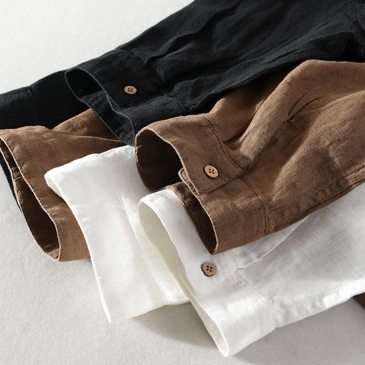 Buddha Stones Summer Casual Tang Style Mandarin Collar Solid Linen Men's Short Sleeve Shirts With Patch Pocket - image 24