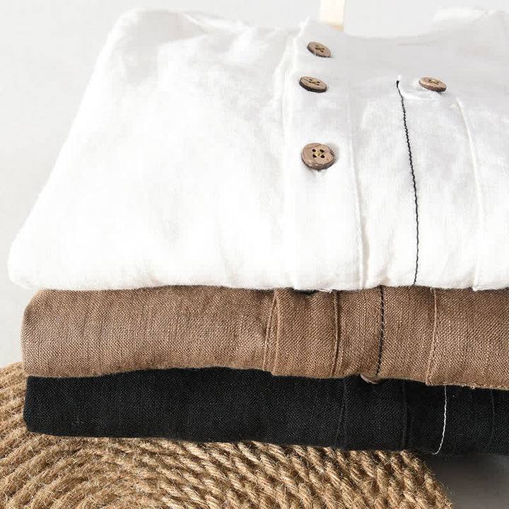 Buddha Stones Summer Casual Tang Style Mandarin Collar Solid Linen Men's Short Sleeve Shirts With Patch Pocket - image 23