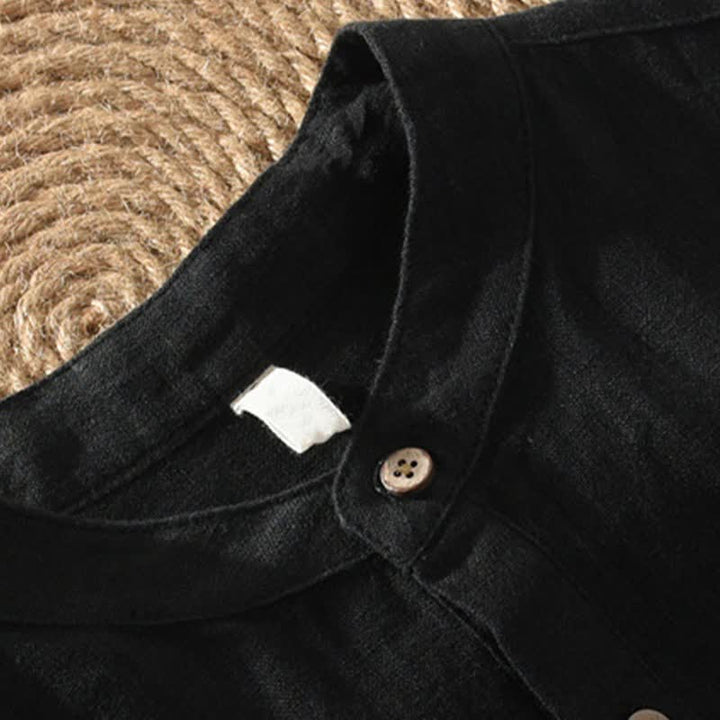 Buddha Stones Summer Casual Tang Style Mandarin Collar Solid Linen Men's Short Sleeve Shirts With Patch Pocket - image 9