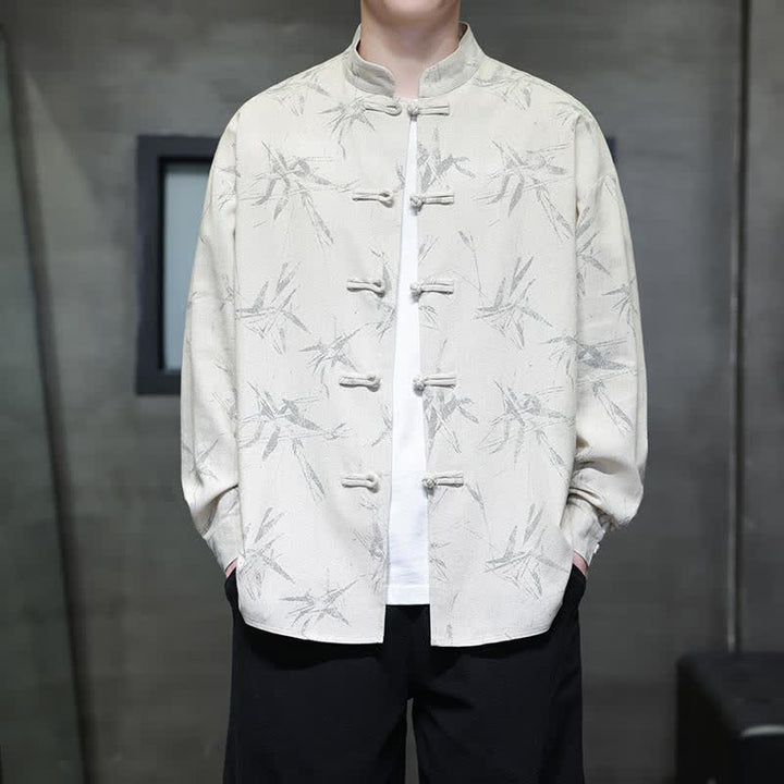 Buddha Stones Fall Tang Style Vintage Mandarin Collar Bamboo Leaf Cotton Linen Men's Long Sleeve Shirts - White - US/UK/AU46，EU56 (5XL) - image 0