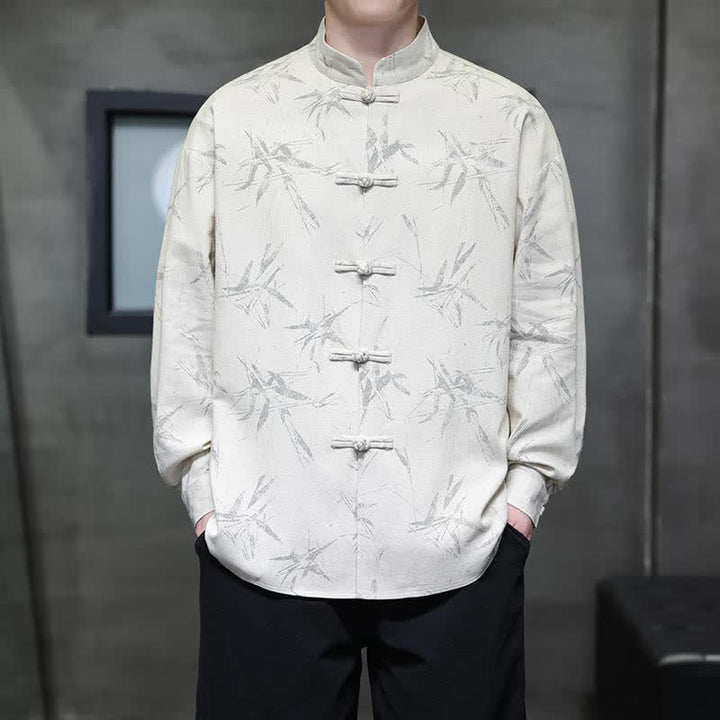 Buddha Stones Fall Tang Style Vintage Mandarin Collar Bamboo Leaf Cotton Linen Men's Long Sleeve Shirts - image 2