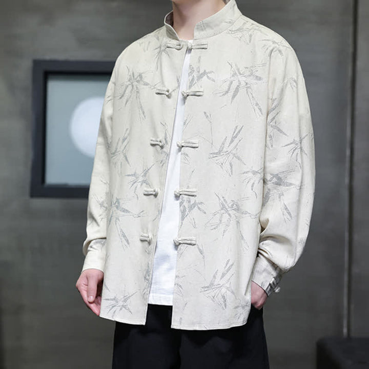 Buddha Stones Fall Tang Style Vintage Mandarin Collar Bamboo Leaf Cotton Linen Men's Long Sleeve Shirts - image 7