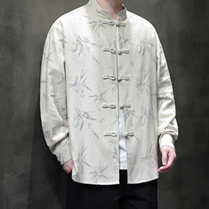 Buddha Stones Fall Tang Style Vintage Mandarin Collar Bamboo Leaf Cotton Linen Men's Long Sleeve Shirts - image 9