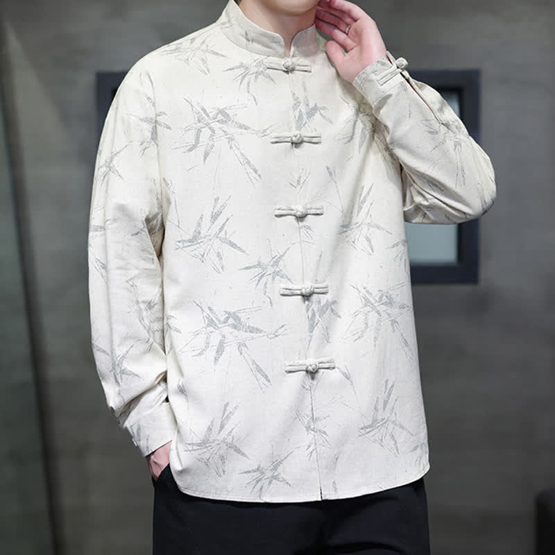 Buddha Stones Fall Tang Style Vintage Mandarin Collar Bamboo Leaf Cotton Linen Men's Long Sleeve Shirts - image 1