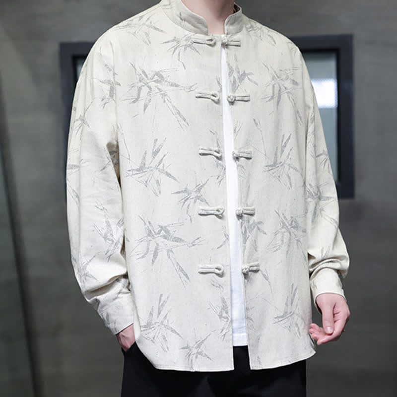 Buddha Stones Fall Tang Style Vintage Mandarin Collar Bamboo Leaf Cotton Linen Men's Long Sleeve Shirts - image 6
