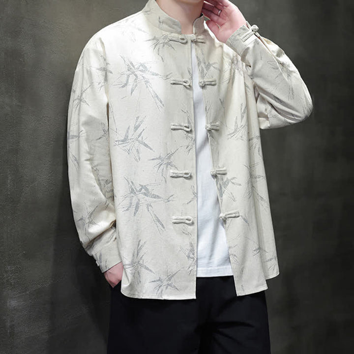 Buddha Stones Fall Tang Style Vintage Mandarin Collar Bamboo Leaf Cotton Linen Men's Long Sleeve Shirts - image 3
