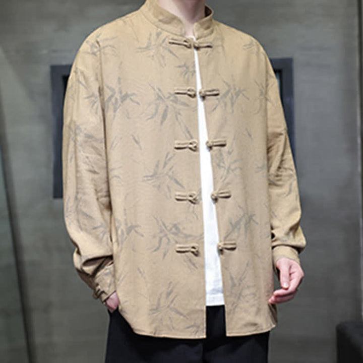 Buddha Stones Fall Tang Style Vintage Mandarin Collar Bamboo Leaf Cotton Linen Men's Long Sleeve Shirts - image 19