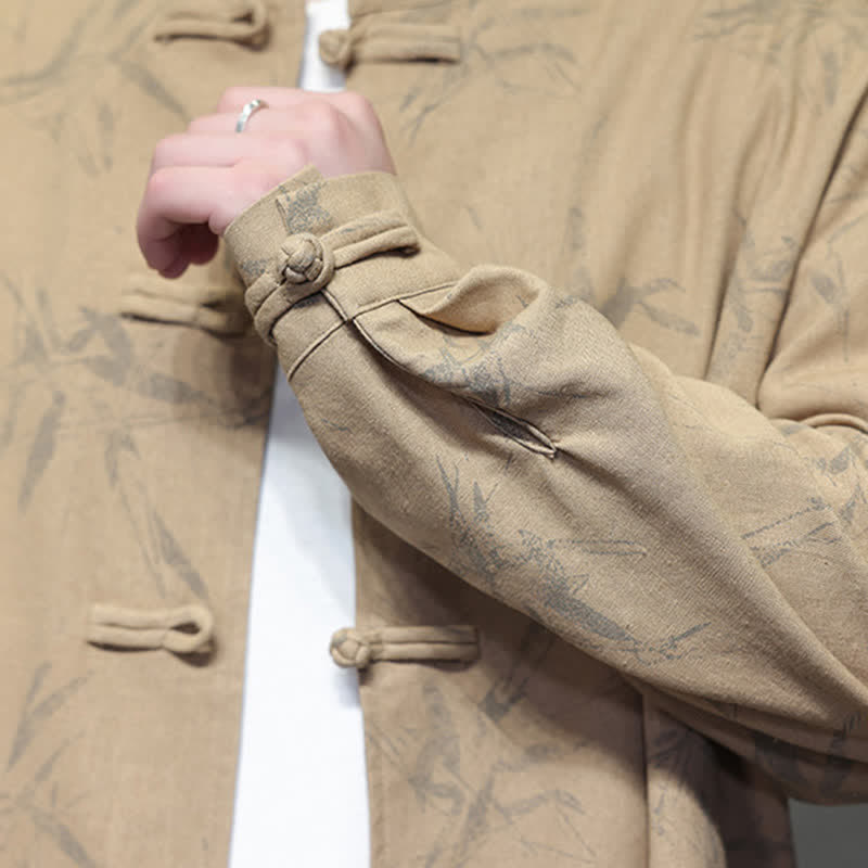 Buddha Stones Fall Tang Style Vintage Mandarin Collar Bamboo Leaf Cotton Linen Men's Long Sleeve Shirts - image 21