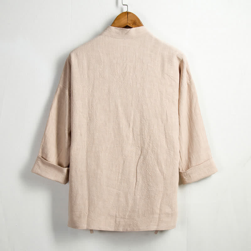 Buddha Stones Spring Casual Tang Style Drawstring Solid Ramie Men's Kimonos With Pocket - image 1