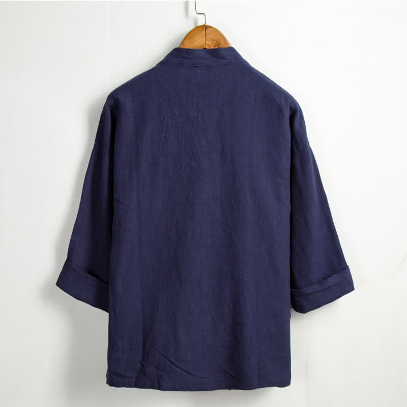 Buddha Stones Spring Casual Tang Style Drawstring Solid Ramie Men's Kimonos With Pocket - image 13