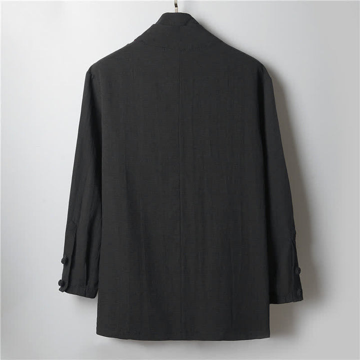 Buddha Stones Spring Casual Minimalist Solid Lapel Ramie Men's Kimono - image 9