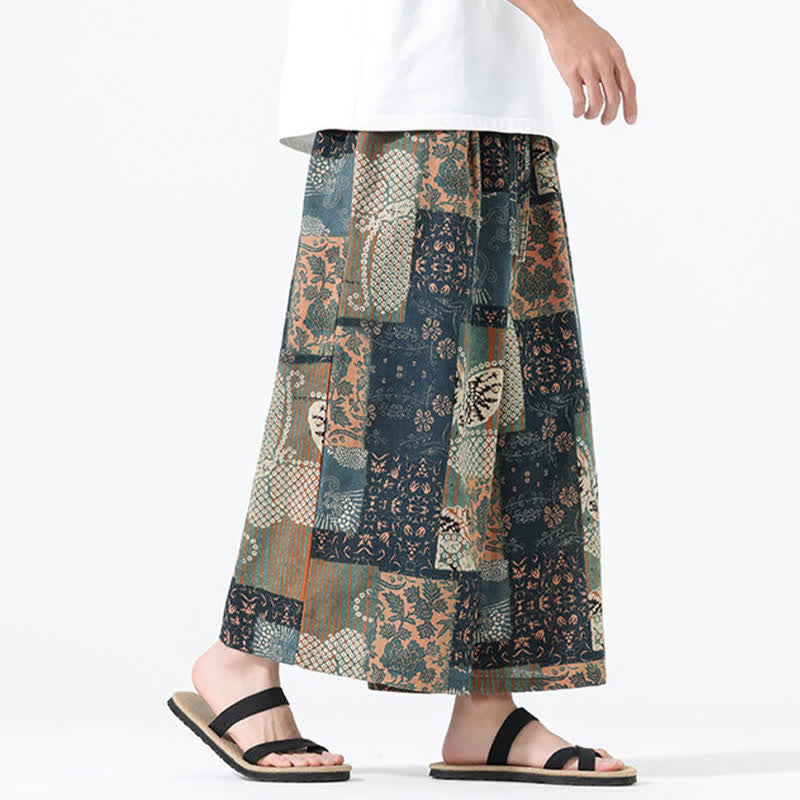 Buddha Stones Spring Summer Boho Casual Drawstring Floral Patchwork Cropped Pants Men's Wide Leg Pants With Pockets - image 3