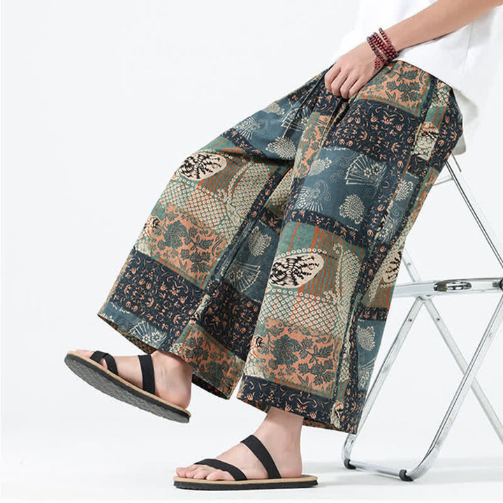 Buddha Stones Spring Summer Boho Casual Drawstring Floral Patchwork Cropped Pants Men's Wide Leg Pants With Pockets - image 9