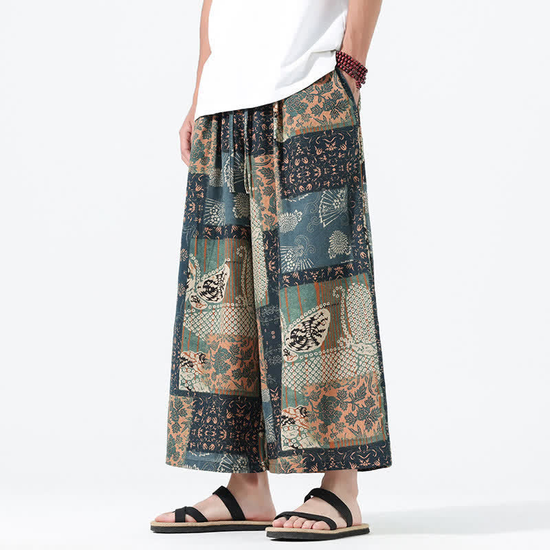 Buddha Stones Spring Summer Boho Casual Drawstring Floral Patchwork Cropped Pants Men's Wide Leg Pants With Pockets - image 7