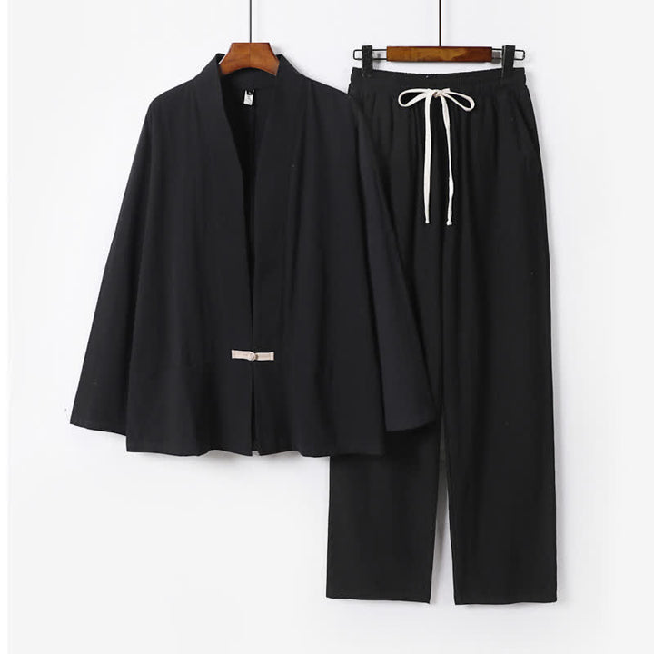 Buddha Stones 2Pcs Spring Solid Ramie V-Neck Kimono Drawstring Pants Men's Meditation Cloth With Pockets - Black - US/UK/AU54，EU64 (9XL) - image 3