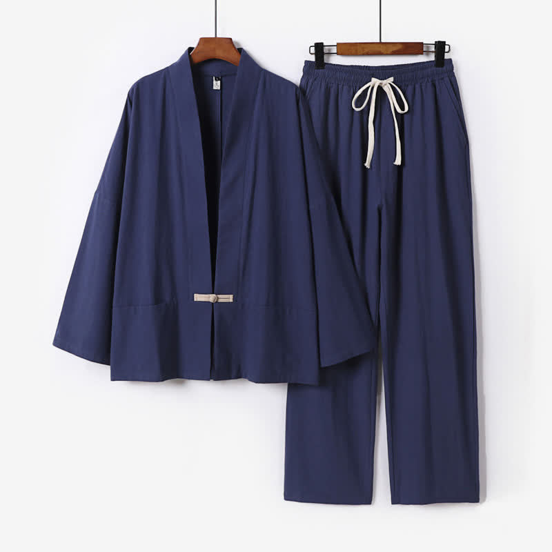 Buddha Stones 2Pcs Spring Solid Ramie V-Neck Kimono Drawstring Pants Men's Meditation Cloth With Pockets - MidnightBlue - US/UK/AU54，EU64 (9XL) - image 6