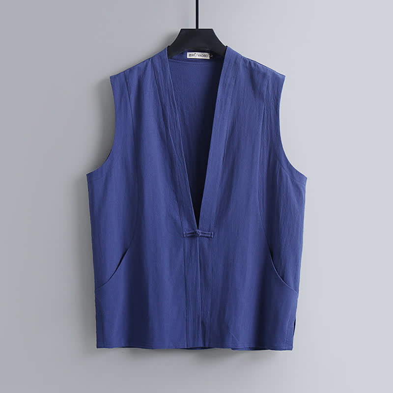 Buddha Stones 2Pcs Summer Tang Style Meditation Frog Button Solid Linen V-Neck Sleeveless Shirt Pants Men's Meditation Cloth With Pockets - image 1