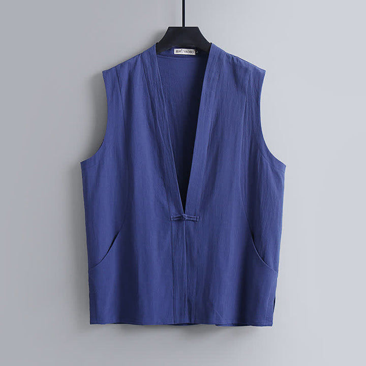 Buddha Stones 2Pcs Summer Tang Style Meditation Frog Button Solid Linen V-Neck Sleeveless Shirt Pants Men's Meditation Cloth With Pockets - image 1