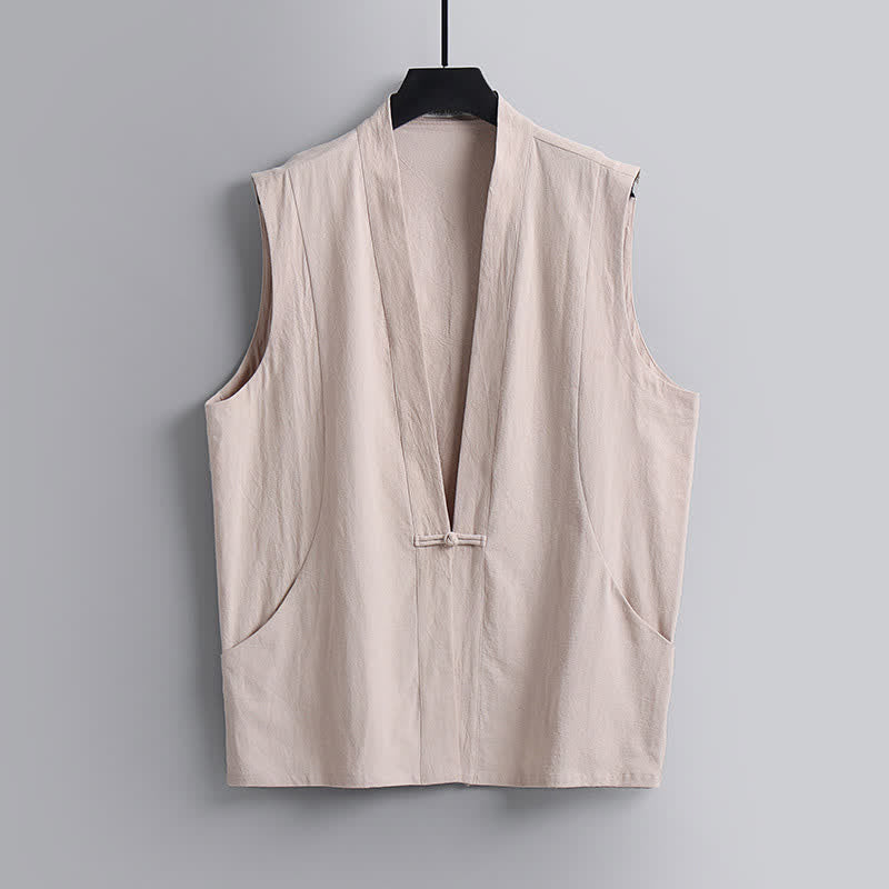 Buddha Stones 2Pcs Summer Tang Style Meditation Frog Button Solid Linen V-Neck Sleeveless Shirt Pants Men's Meditation Cloth With Pockets - image 19