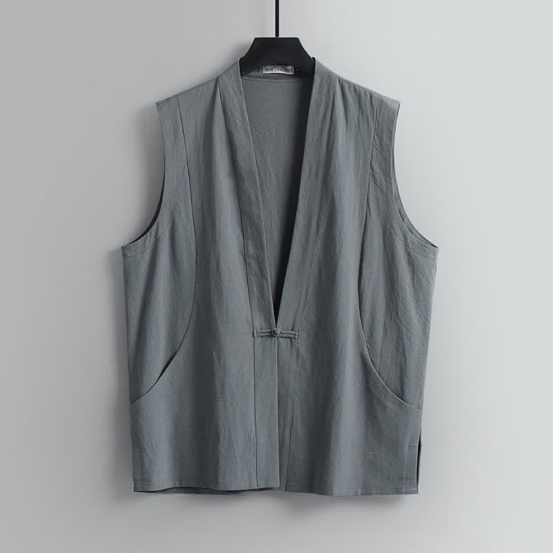 Buddha Stones 2Pcs Summer Tang Style Meditation Frog Button Solid Linen V-Neck Sleeveless Shirt Pants Men's Meditation Cloth With Pockets - image 3
