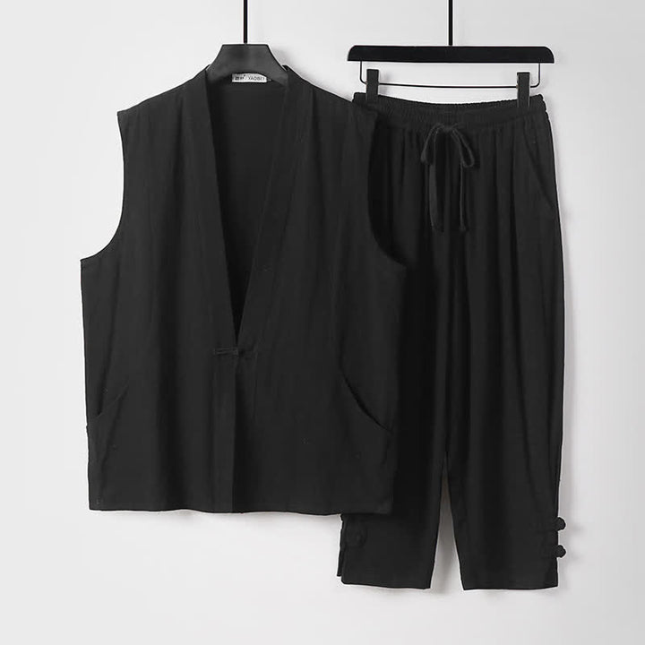 Buddha Stones 2Pcs Summer Tang Style Meditation Frog Button Solid Linen V-Neck Sleeveless Shirt Pants Men's Meditation Cloth With Pockets - Black - US/UK/AU54，EU64 (9XL) - image 16