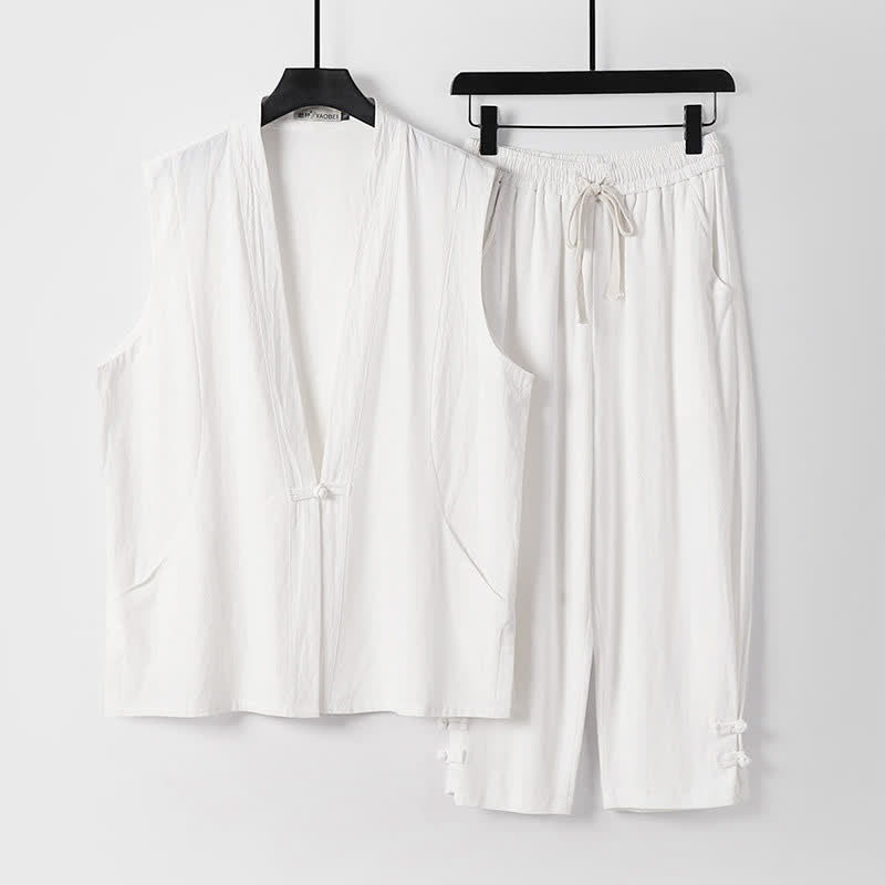 Buddha Stones 2Pcs Summer Tang Style Meditation Frog Button Solid Linen V-Neck Sleeveless Shirt Pants Men's Meditation Cloth With Pockets - White - US/UK/AU54，EU64 (9XL) - image 21