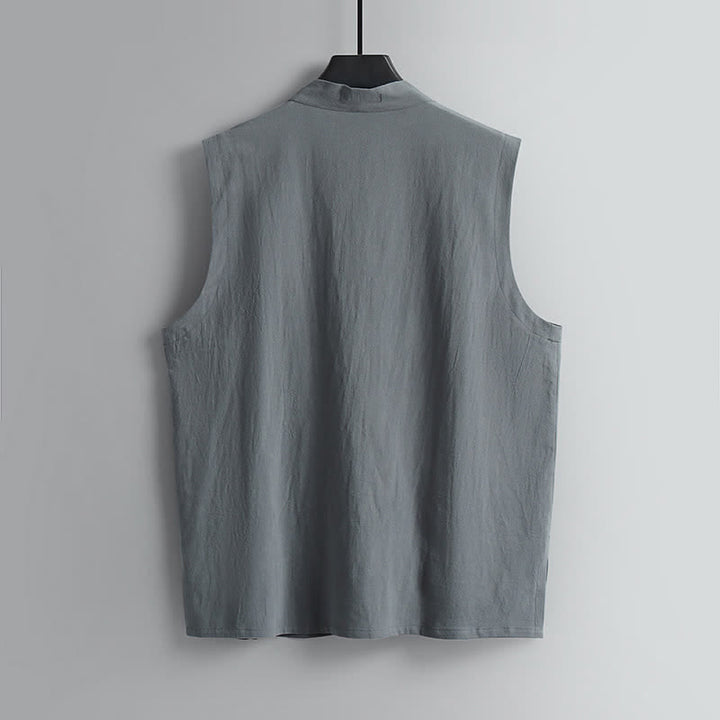 Buddha Stones 2Pcs Summer Tang Style Meditation Frog Button Solid Linen V-Neck Sleeveless Shirt Pants Men's Meditation Cloth With Pockets - image 4