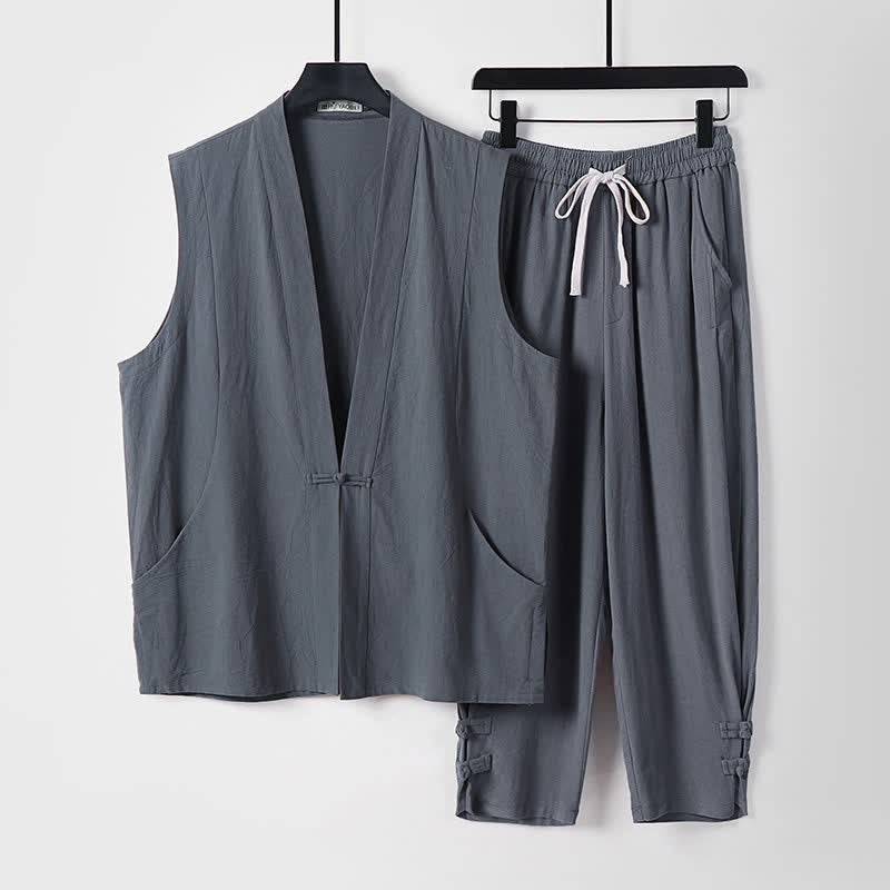 Buddha Stones 2Pcs Summer Tang Style Meditation Frog Button Solid Linen V-Neck Sleeveless Shirt Pants Men's Meditation Cloth With Pockets - SlateGray - US/UK/AU54，EU64 (9XL) - image 2