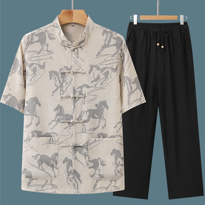 Buddha Stones 2Pcs Summer Tang Style Casual Frog Button Mandarin Collar Horse Print Short Sleeve Shirt Pants Men's Meditation Cloth With Pockets - image 1