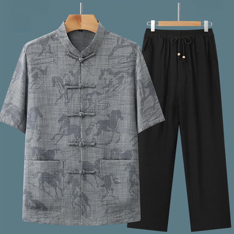 Buddha Stones 2Pcs Summer Tang Style Casual Frog Button Mandarin Collar Horse Print Short Sleeve Shirt Pants Men's Meditation Cloth With Pockets - image 5