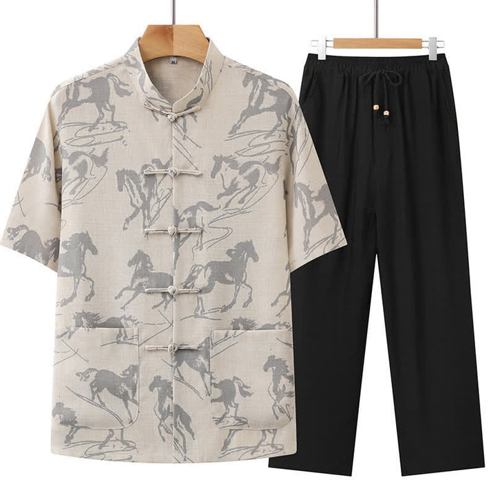 Buddha Stones 2Pcs Summer Tang Style Casual Frog Button Mandarin Collar Horse Print Short Sleeve Shirt Pants Men's Meditation Cloth With Pockets - Beige - US/UK/AU42，EU52 (3XL) - image 0