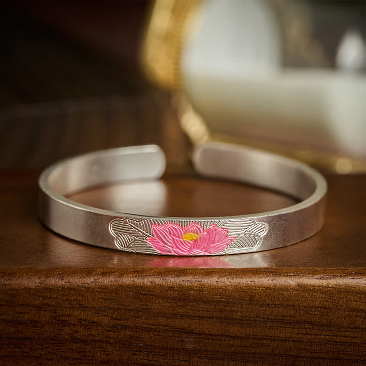 Buddha Stones Copper Lotus Enamel Open Cuff Enlightenment Bracelet - image 1