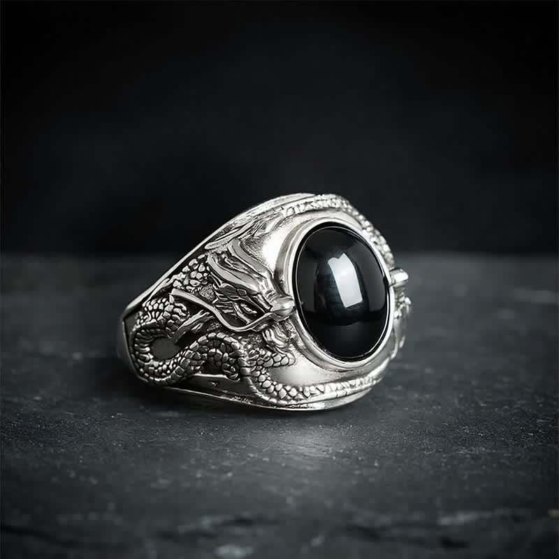 Buddha Stones Black Obsidian Dragon Purification Open Ring - Dragon(Strength ♥ Power) - image 0