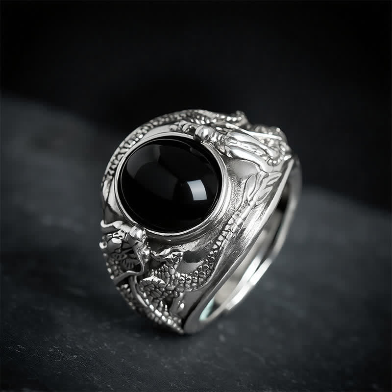 Buddha Stones Black Obsidian Dragon Purification Open Ring - image 1