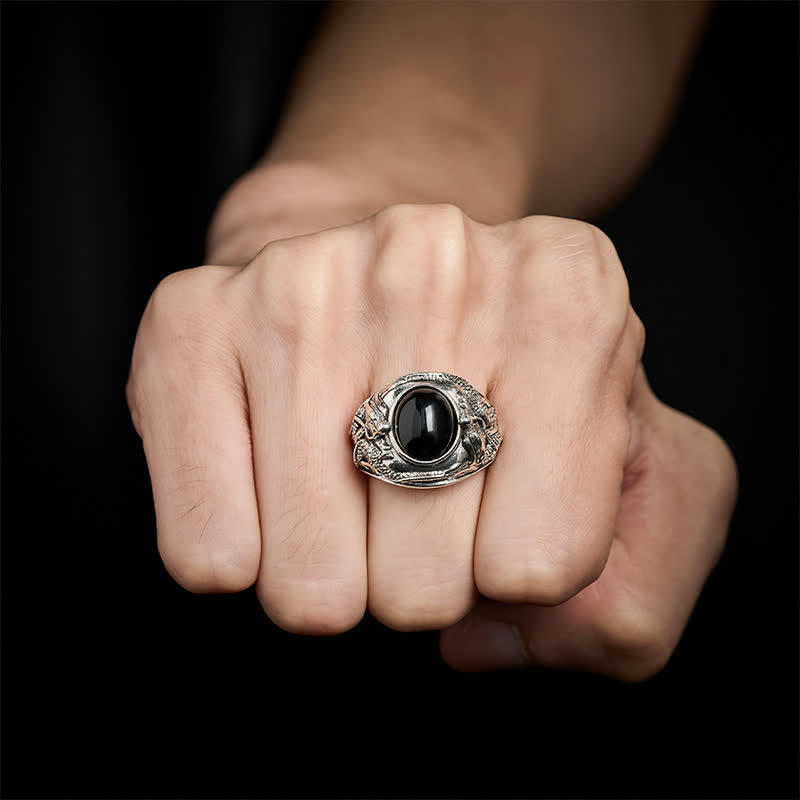 Buddha Stones Black Obsidian Dragon Purification Open Ring - image 3