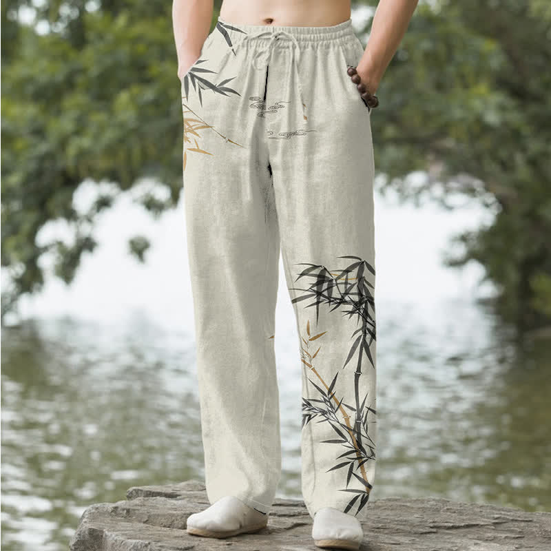 Buddha Stones Cotton Ink Bamboo Pattern Men's Tapered Pants With Pockets - Linen - US/UK/AU50，EU60 (5XL) - image 0