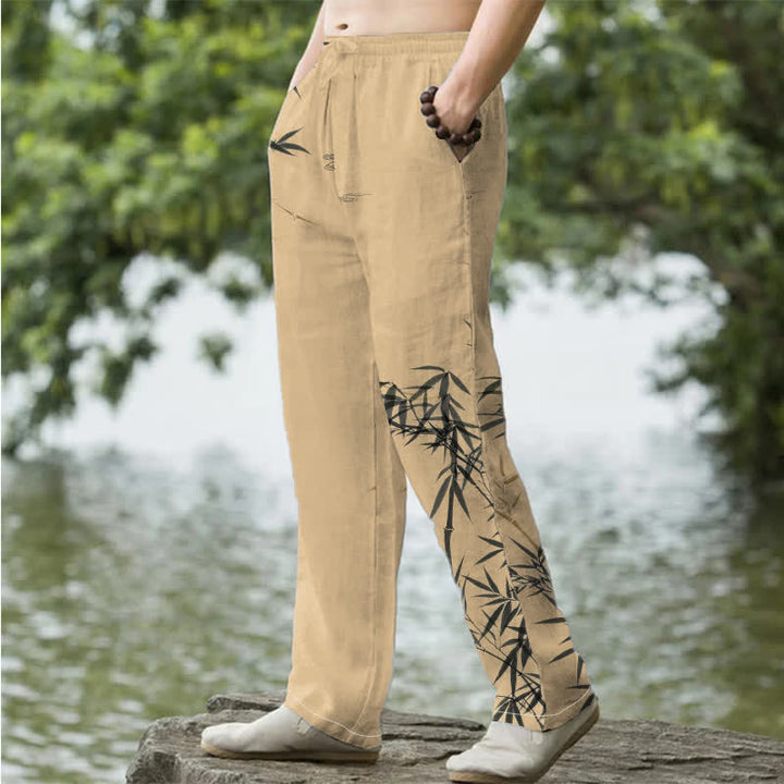 Buddha Stones Cotton Ink Bamboo Pattern Men's Tapered Pants With Pockets - image 7