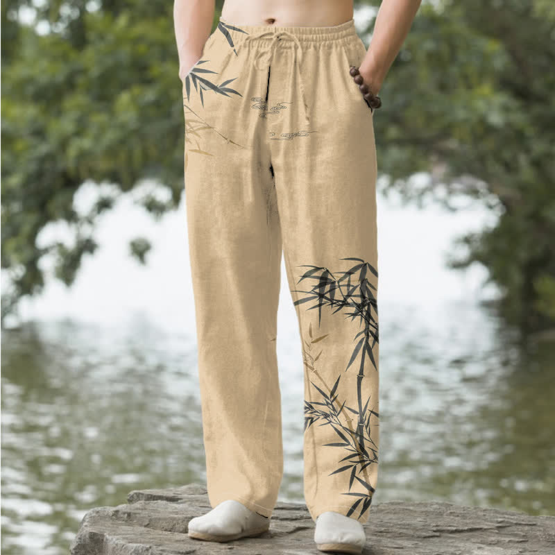 Buddha Stones Cotton Ink Bamboo Pattern Men's Tapered Pants With Pockets - Tan - US/UK/AU50，EU60 (5XL) - image 6